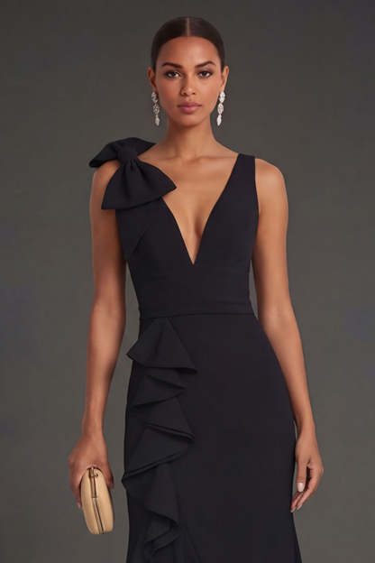 Black Mermaid Ruffled V Neck Long Formal Dress with Slit