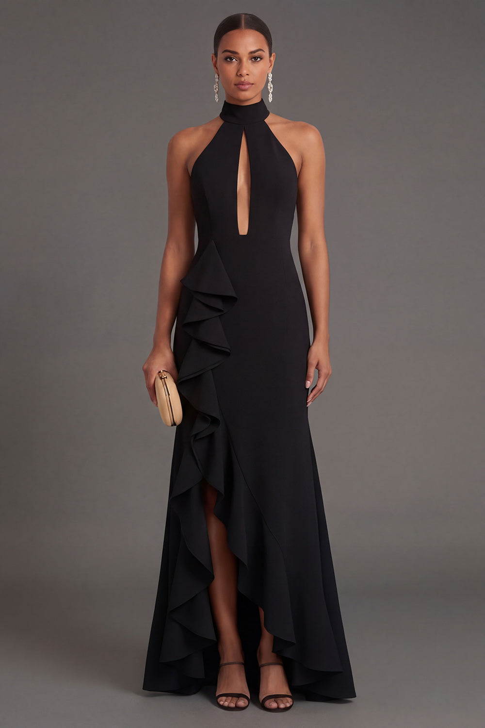 Leely Women Black Mermaid Halter Neck Long Formal Dress with Slit Ruffled Backless Sleeveless Wedding Guest Dress