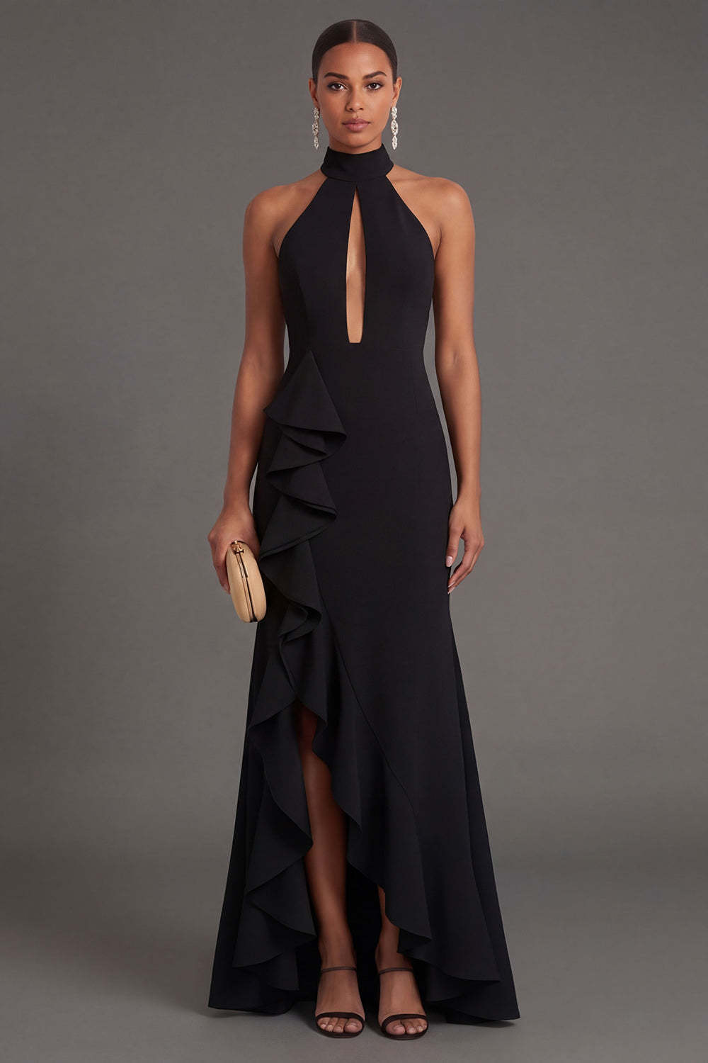 Leely Women Black Mermaid Halter Neck Long Formal Dress with Slit Ruffled Backless Sleeveless Wedding Guest Dress