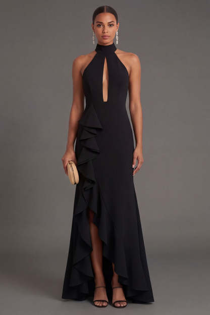 Leely Women Black Mermaid Halter Neck Long Formal Dress with Slit Ruffled Backless Sleeveless Wedding Guest Dress