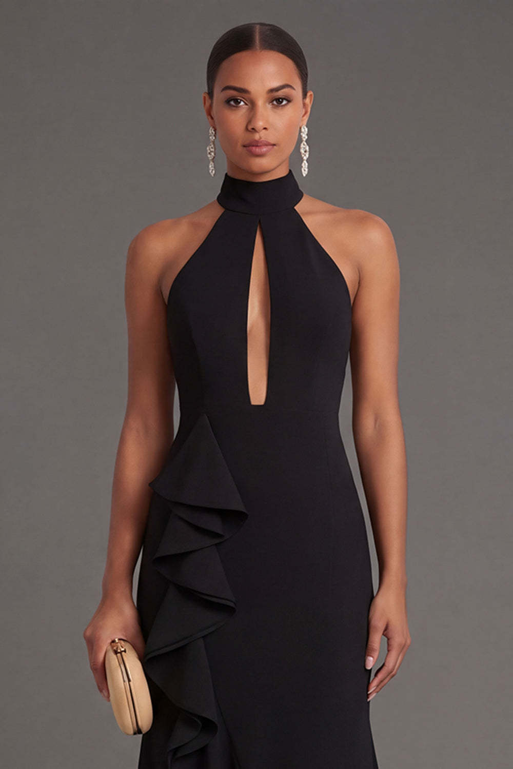 Black Mermaid Halter Neck Ruffled Long Formal Dress with Slit