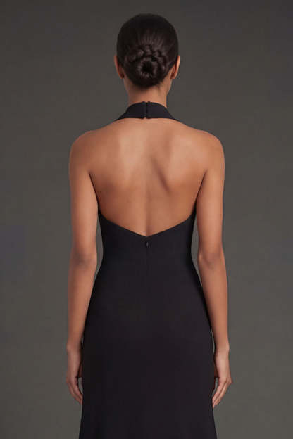 Black Mermaid Halter Neck Ruffled Long Formal Dress with Slit