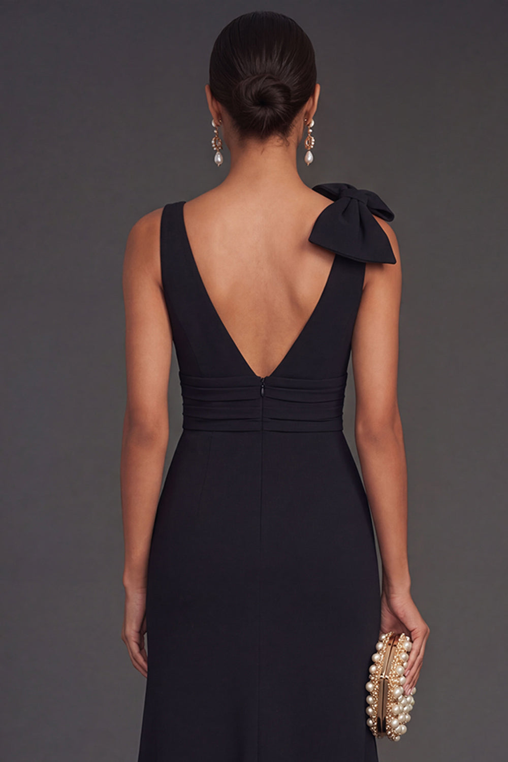 A Line Black V Neck Sleeveless Long Formal Dress with Bow