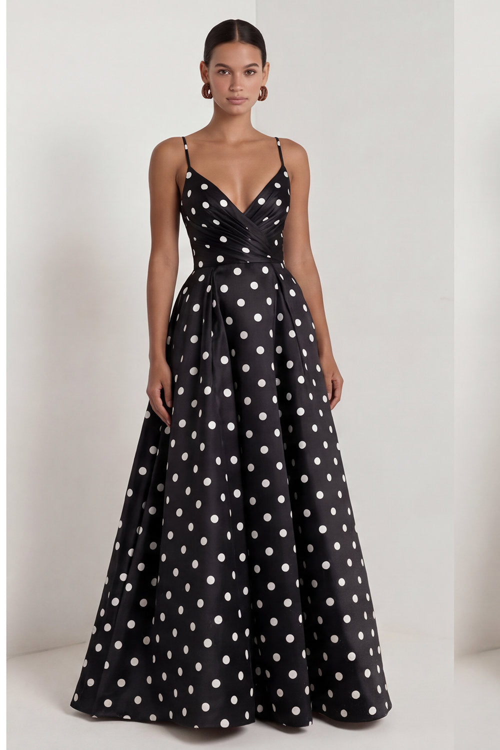 Leely Women Black White Dots A Line Long Wedding Guest Dress Spaghetti Straps Backless Sleeveless Formal Dress