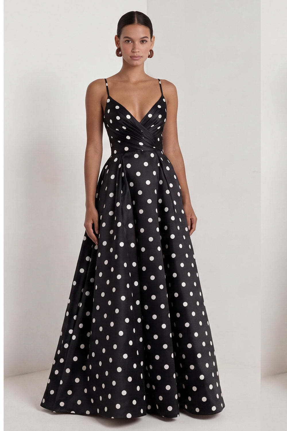 Leely Women Black White Dots A Line Long Wedding Guest Dress Spaghetti Straps Backless Sleeveless Formal Dress