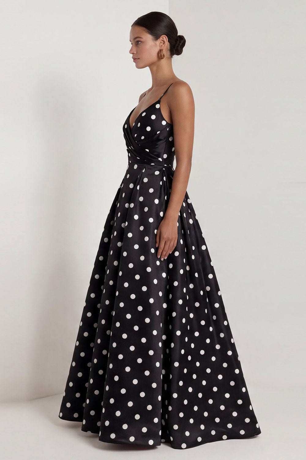 Black White Dots Spaghetti Straps A Line Long Wedding Guest Dress