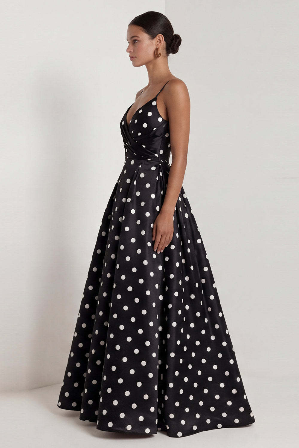 Black White Dots Spaghetti Straps A Line Long Wedding Guest Dress