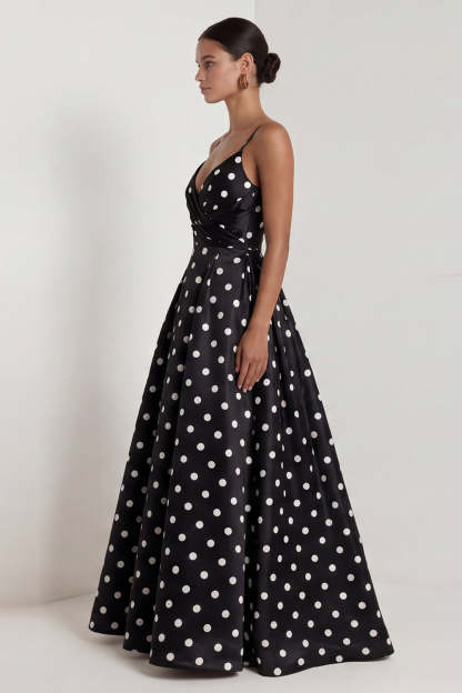 Black White Dots Spaghetti Straps A Line Long Wedding Guest Dress
