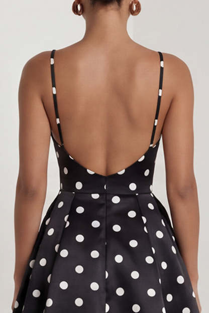 Black White Dots Spaghetti Straps A Line Long Wedding Guest Dress