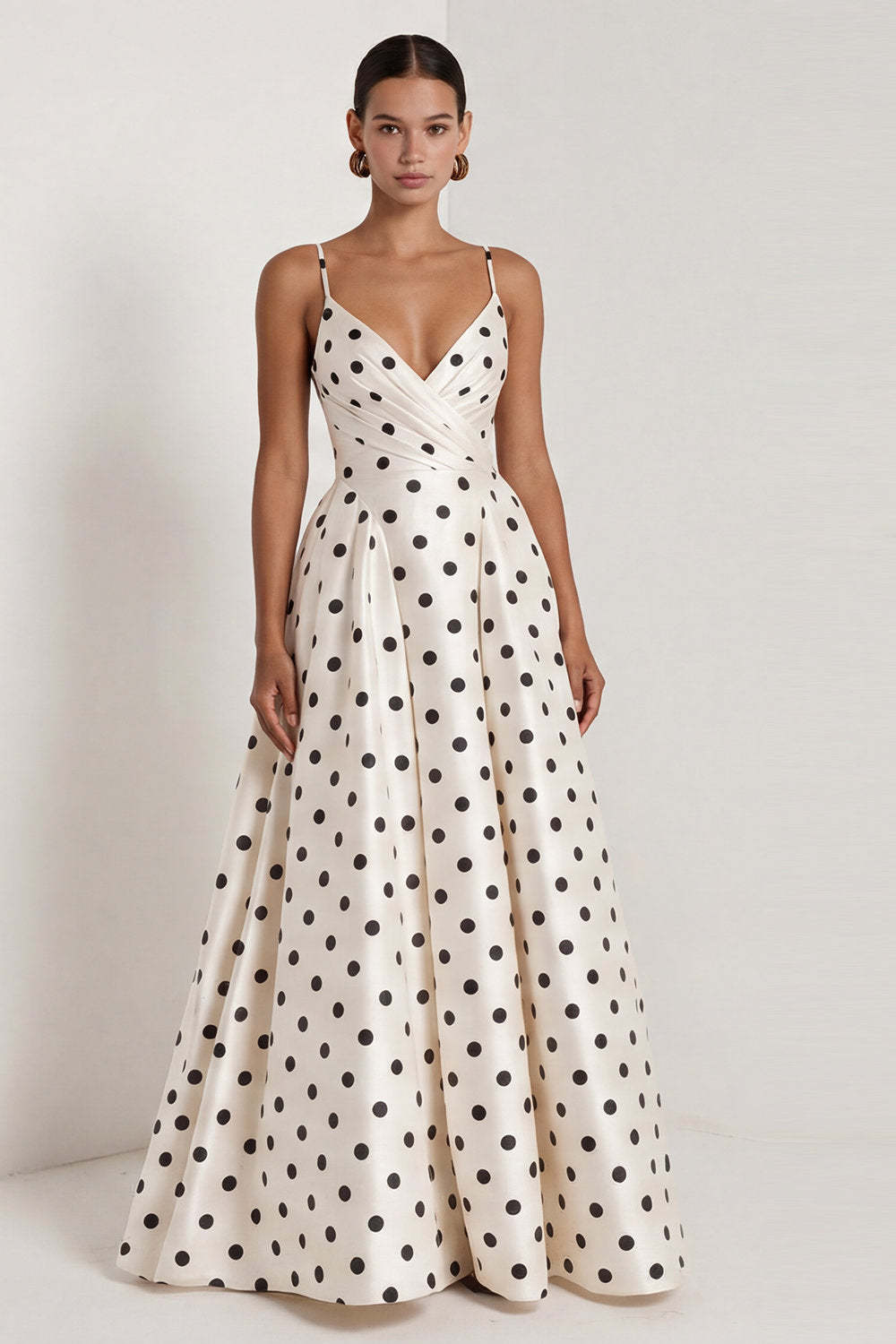 Black White Dots Spaghetti Straps A Line Long Wedding Guest Dress