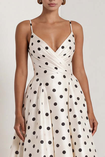 Black White Dots Spaghetti Straps A Line Long Wedding Guest Dress