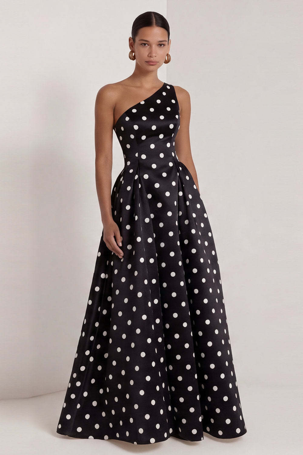 One Shoulder Black White Dots A Line Long Wedding Guest Dress