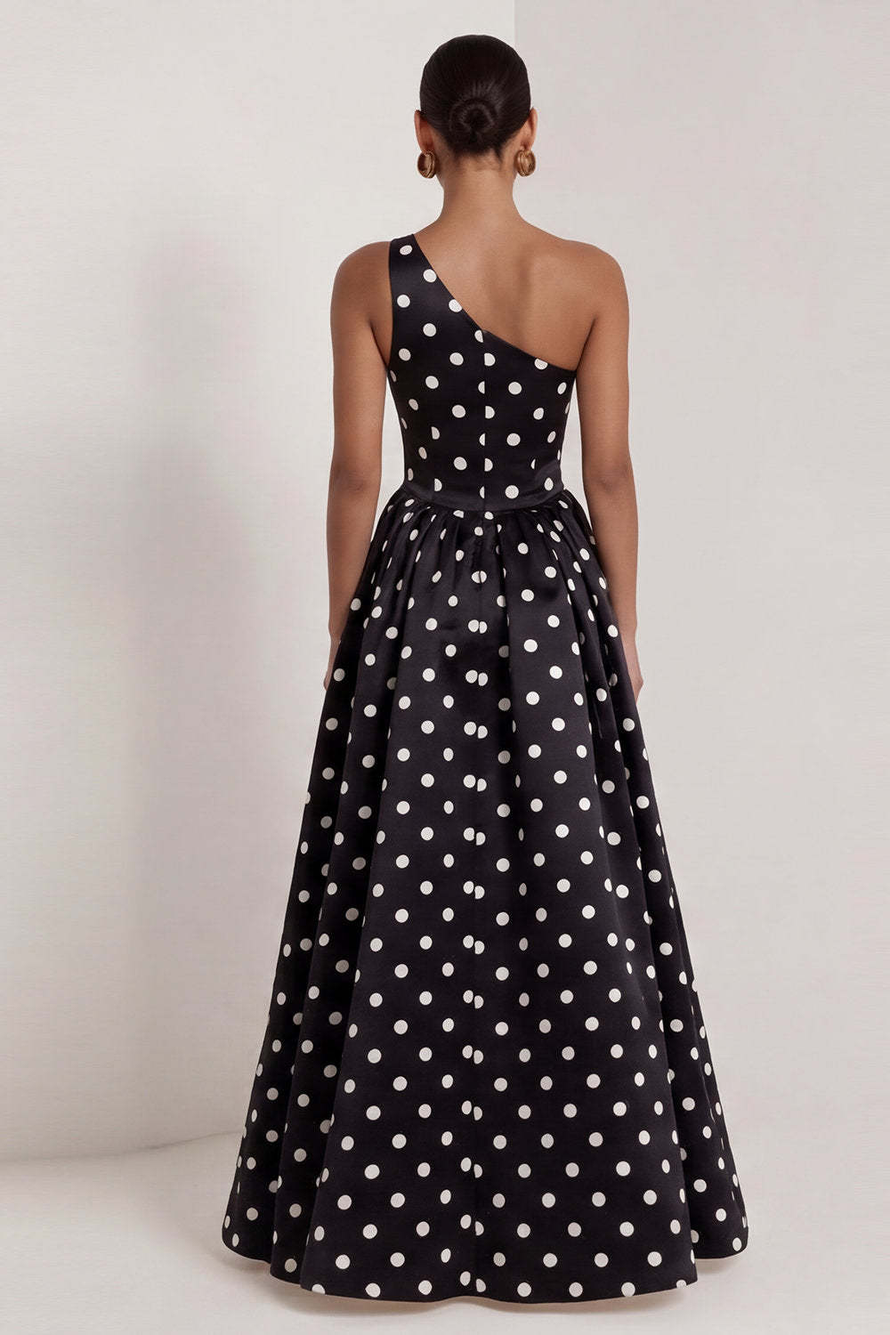 One Shoulder Black White Dots A Line Long Wedding Guest Dress