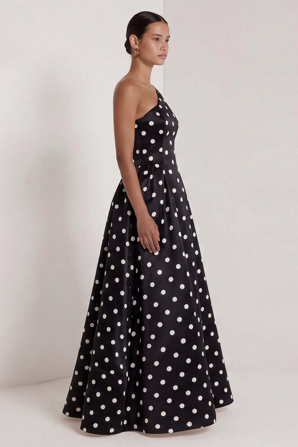 One Shoulder Black White Dots A Line Long Wedding Guest Dress