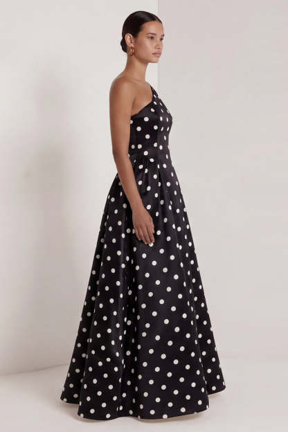 One Shoulder Black White Dots A Line Long Wedding Guest Dress