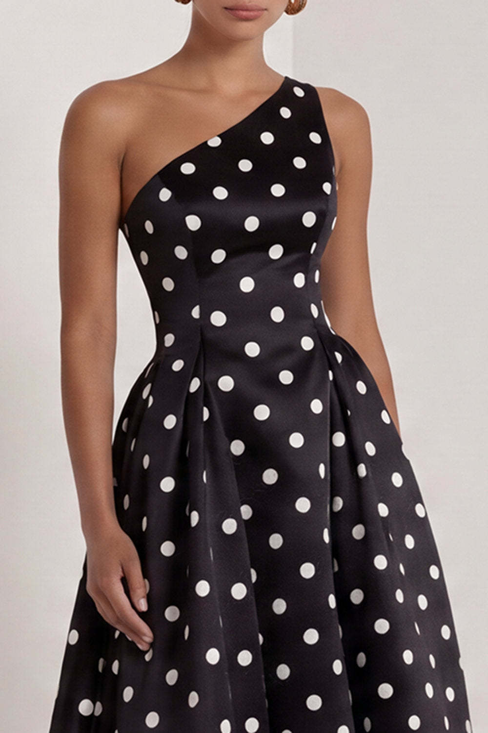 One Shoulder Black White Dots A Line Long Wedding Guest Dress