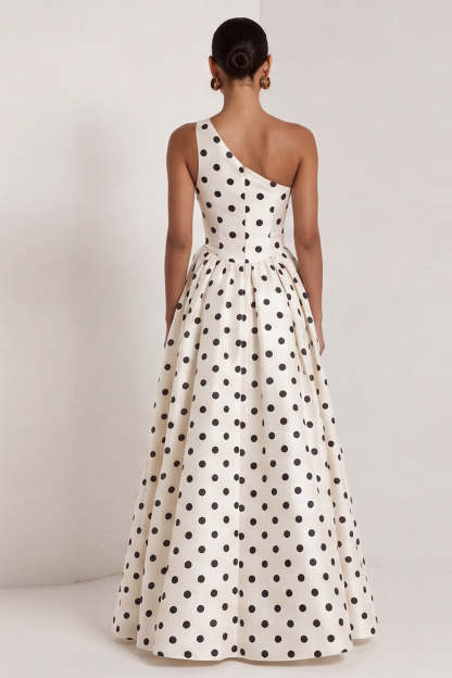One Shoulder Black White Dots A Line Long Wedding Guest Dress