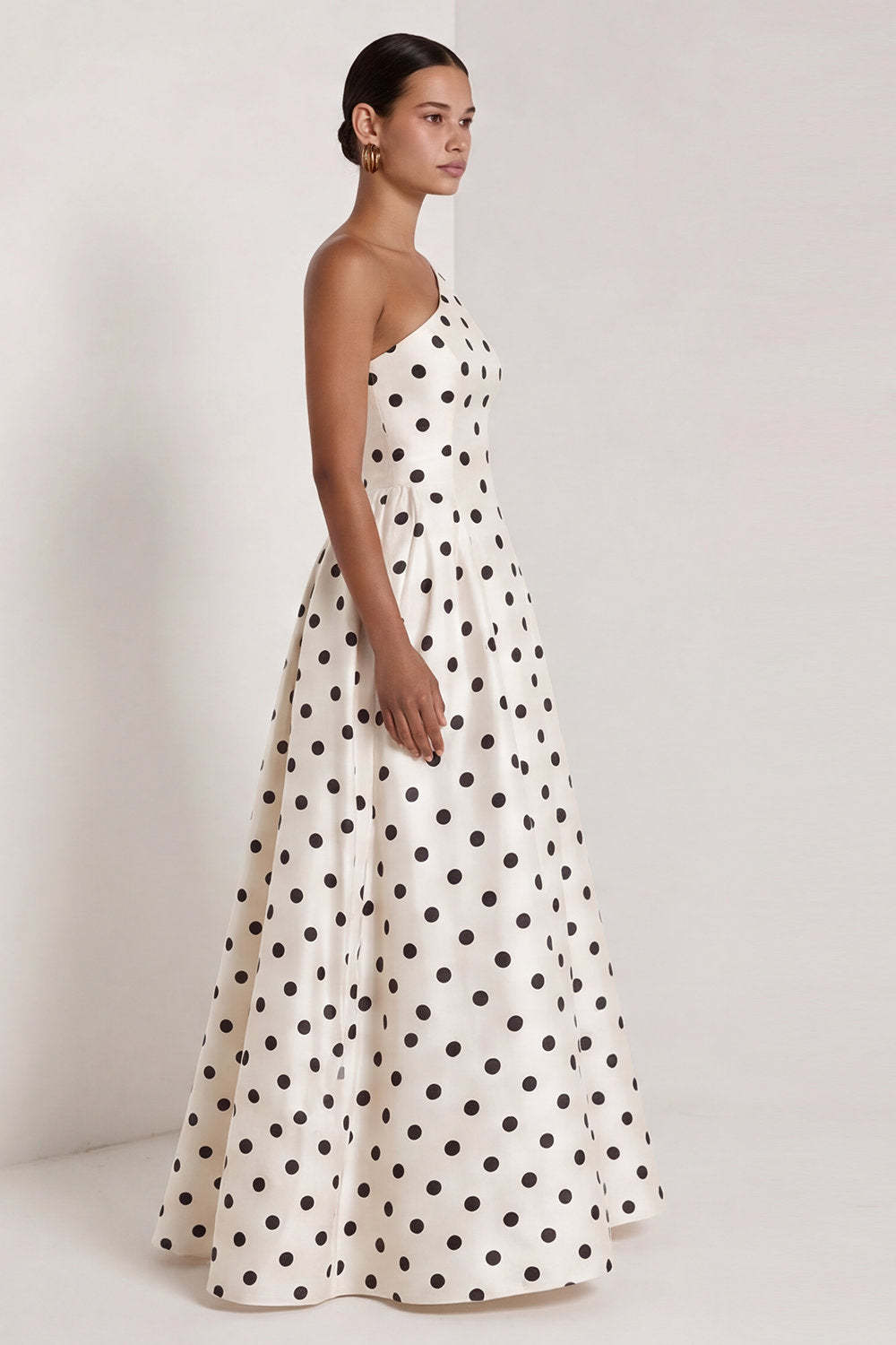 One Shoulder Black White Dots A Line Long Wedding Guest Dress