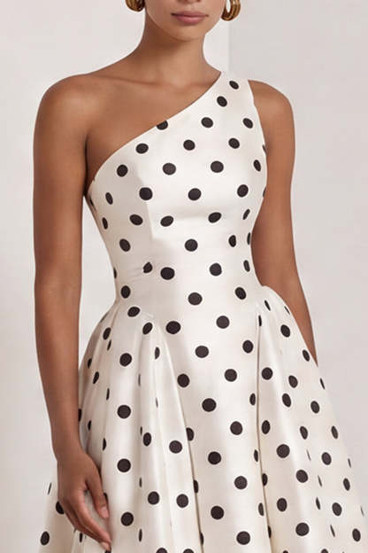 One Shoulder Black White Dots A Line Long Wedding Guest Dress