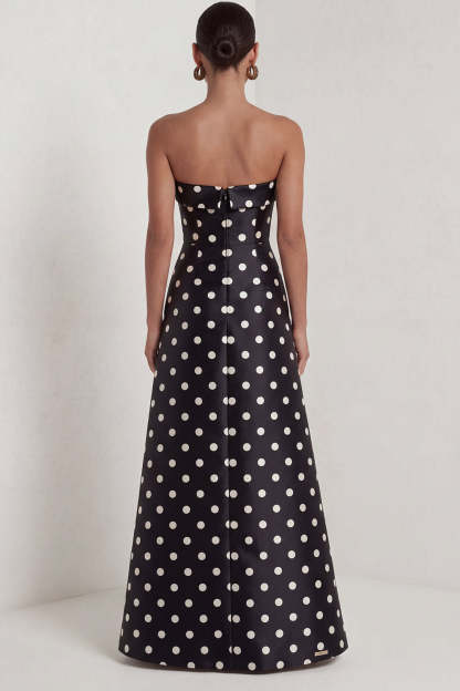 Strapless Black White Dots A Line Long Formal Dress with Slit
