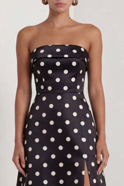 Strapless Black White Dots A Line Long Formal Dress with Slit