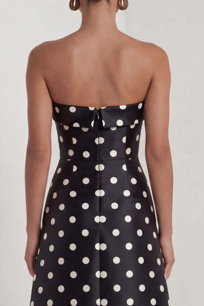 Strapless Black White Dots A Line Long Formal Dress with Slit