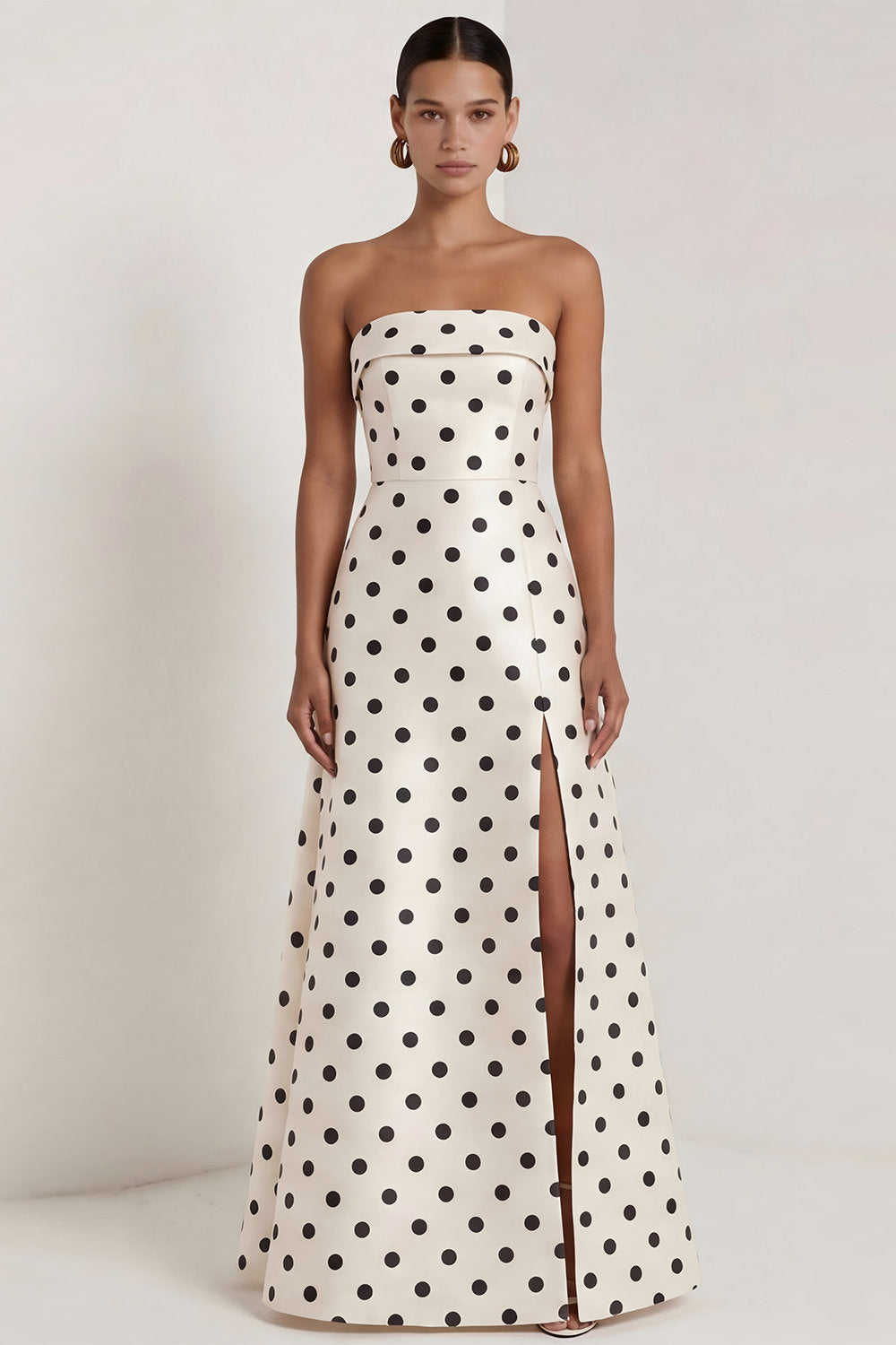 Strapless Black White Dots A Line Long Formal Dress with Slit