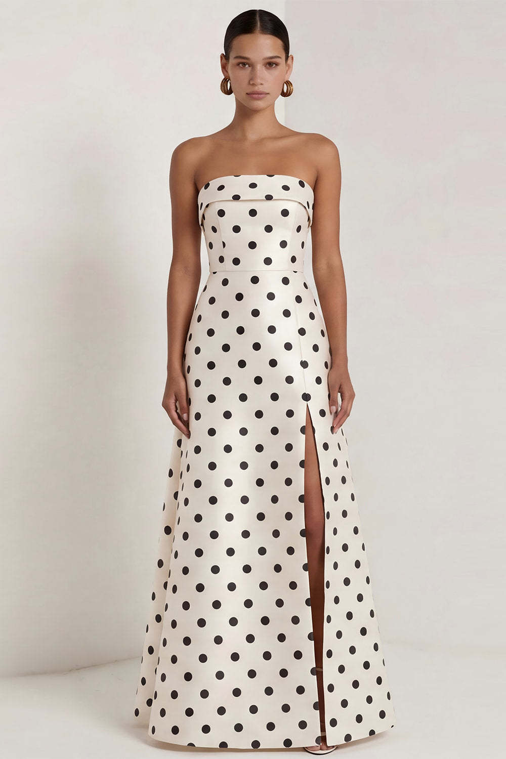 Strapless Black White Dots A Line Long Formal Dress with Slit