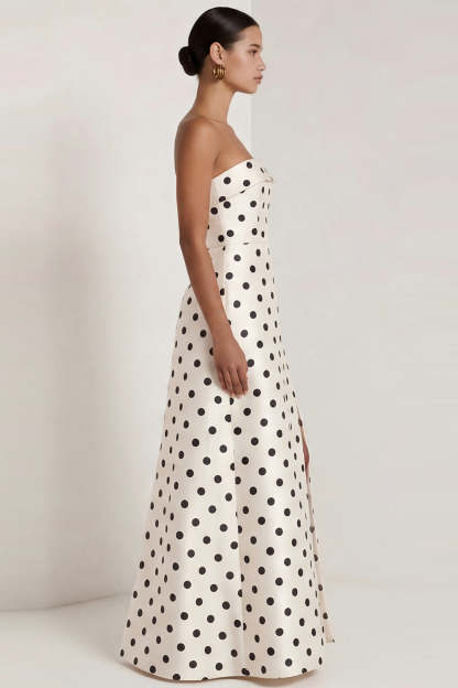 Strapless Black White Dots A Line Long Formal Dress with Slit
