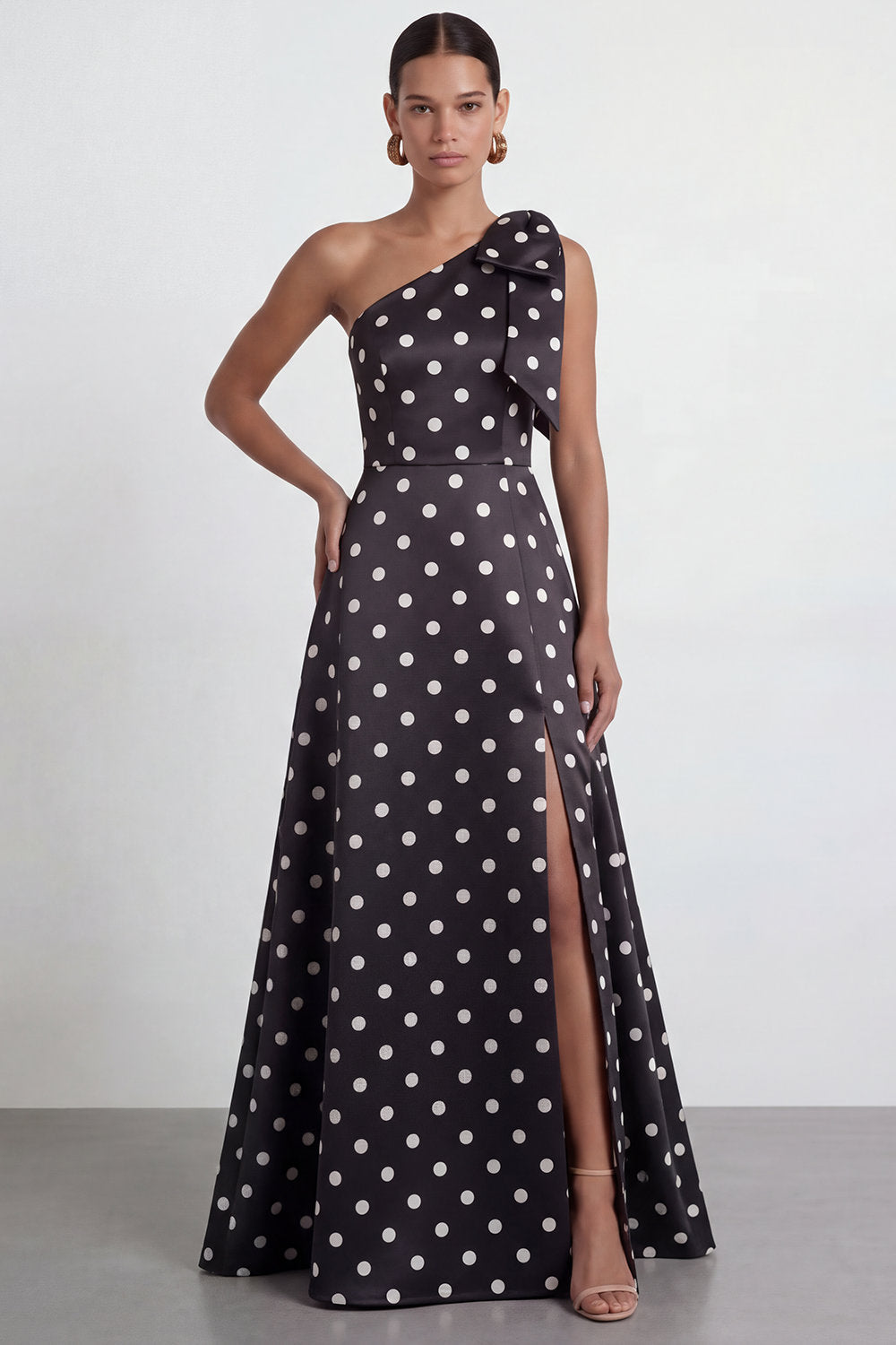 One Shoulder Black White Dots A Line Long Formal Dress with Slit