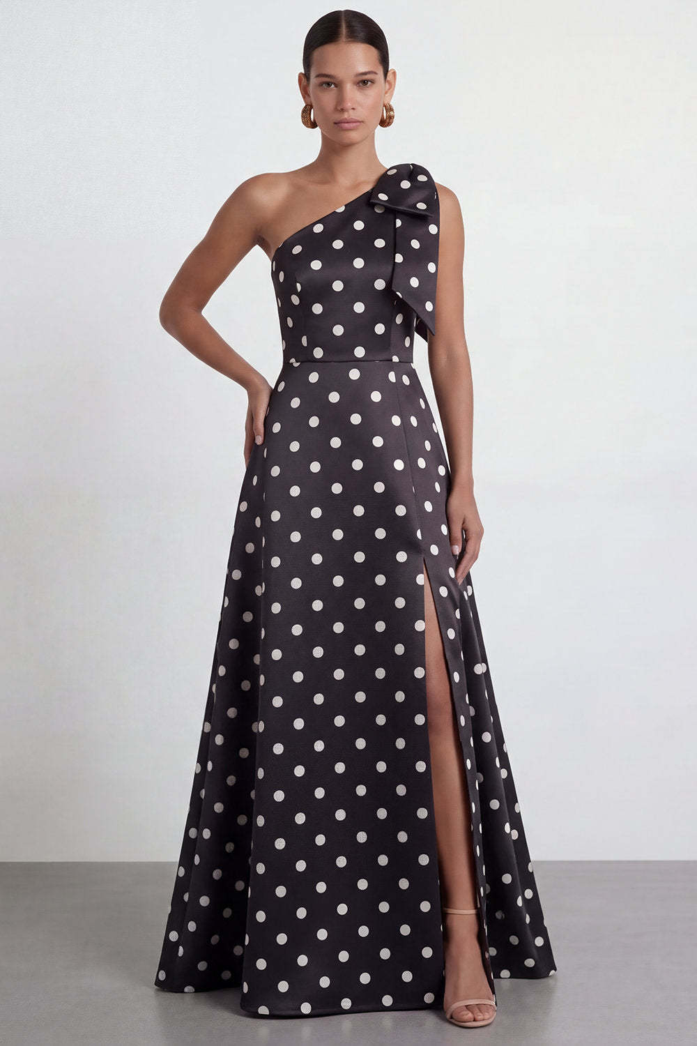 One Shoulder Black White Dots A Line Long Formal Dress with Slit