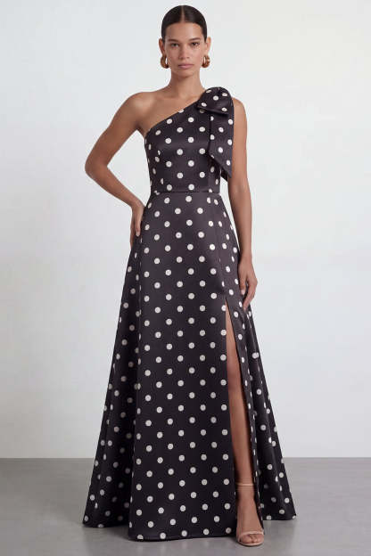 One Shoulder Black White Dots A Line Long Formal Dress with Slit