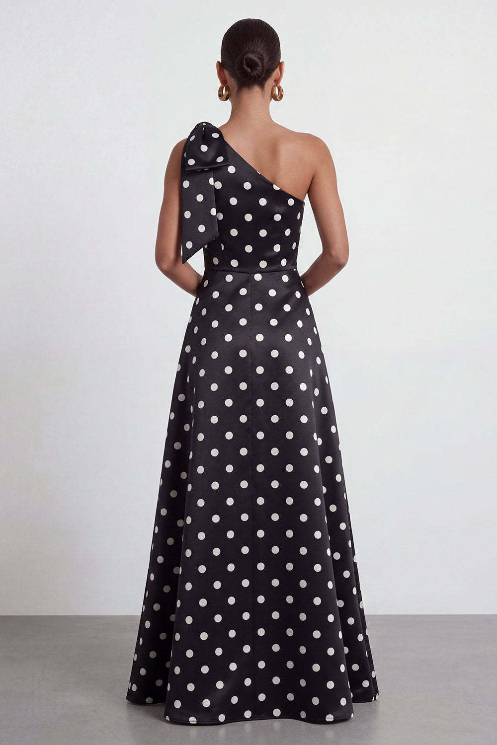 One Shoulder Black White Dots A Line Long Formal Dress with Slit
