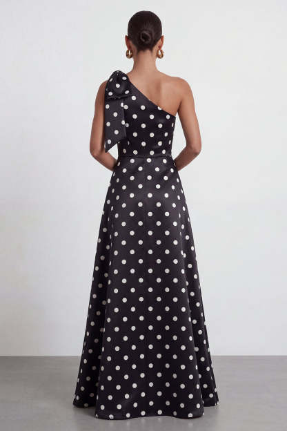 One Shoulder Black White Dots A Line Long Formal Dress with Slit