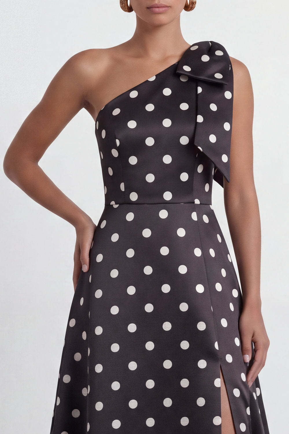 One Shoulder Black White Dots A Line Long Formal Dress with Slit