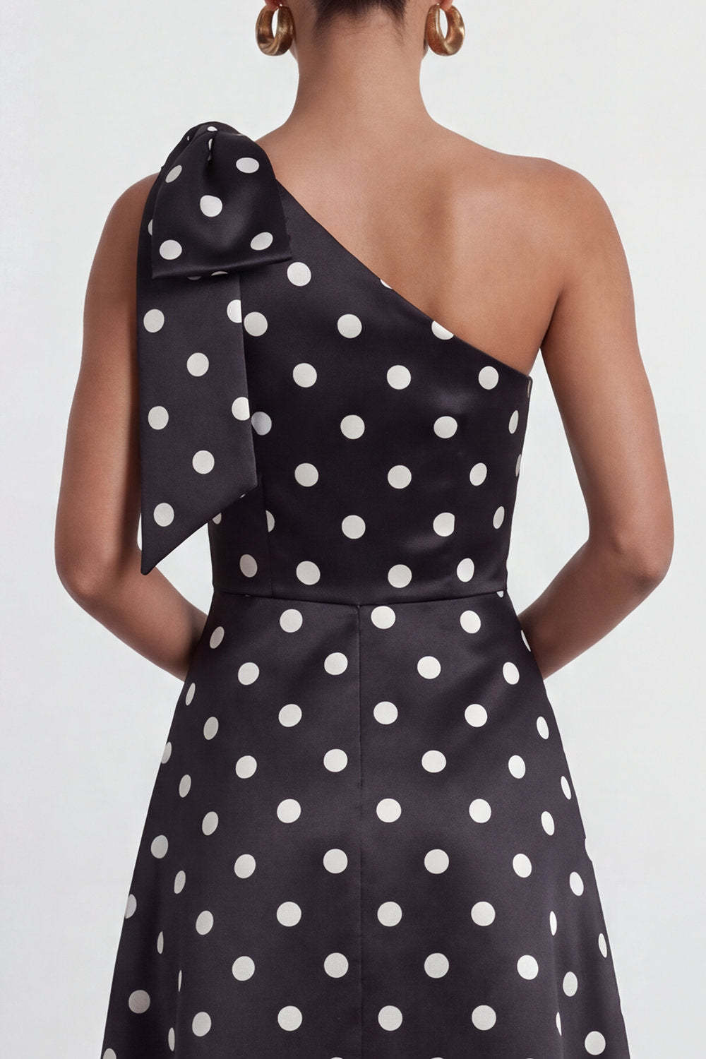 One Shoulder Black White Dots A Line Long Formal Dress with Slit