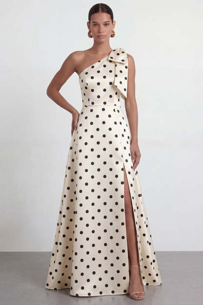 One Shoulder Black White Dots A Line Long Formal Dress with Slit