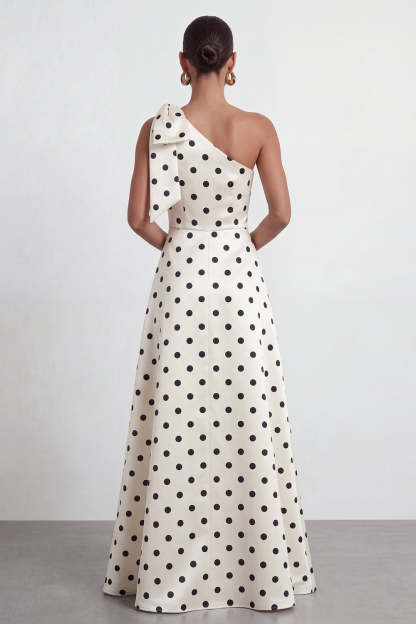 One Shoulder Black White Dots A Line Long Formal Dress with Slit