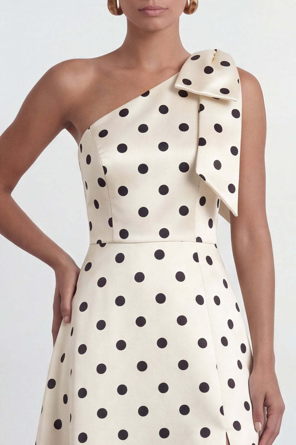 One Shoulder Black White Dots A Line Long Formal Dress with Slit