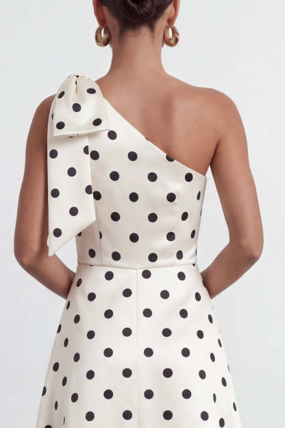 One Shoulder Black White Dots A Line Long Formal Dress with Slit