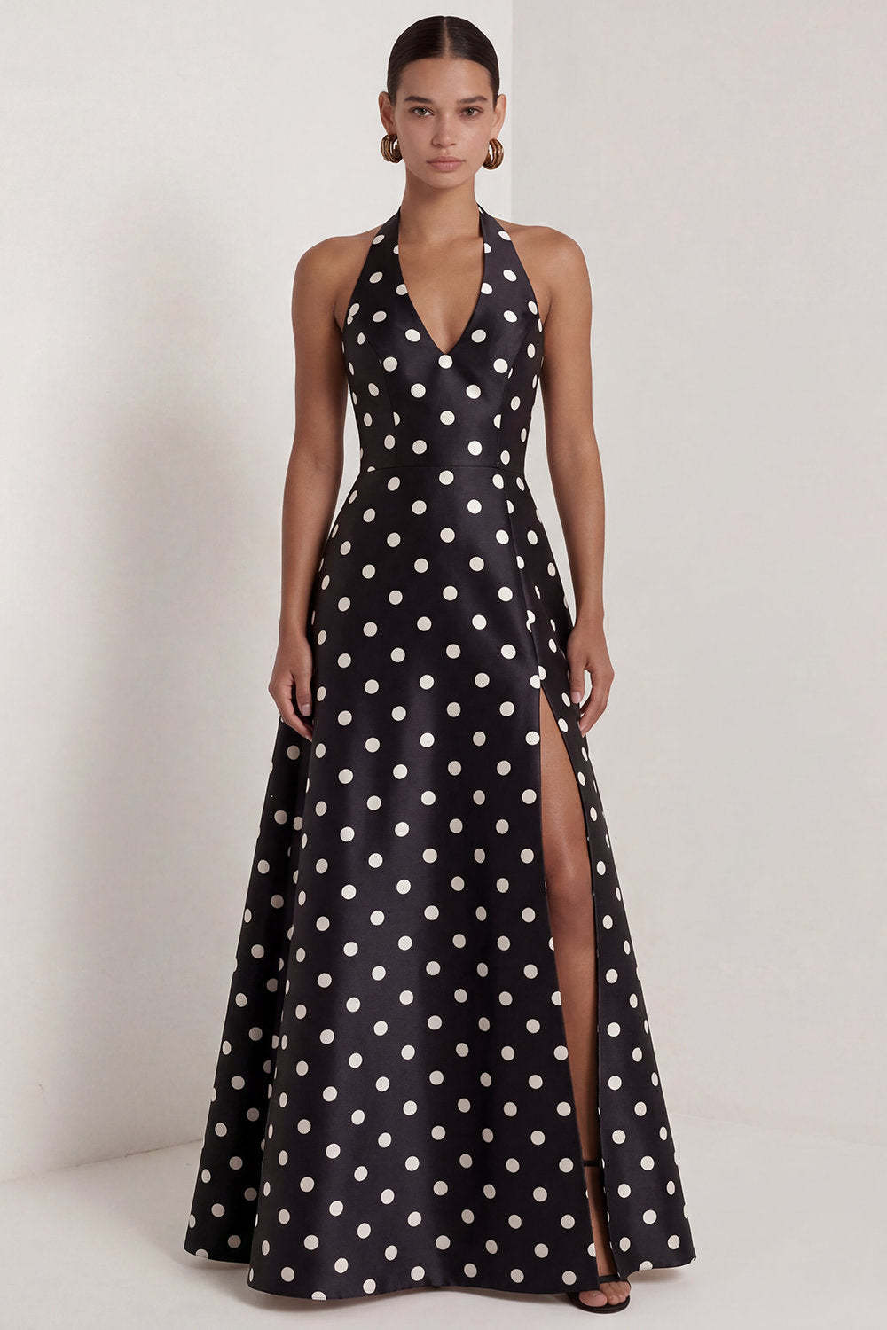 Leely Women Black White Dots A Line Long Wedding Guest Dress with Slit Halter Neck Sleeveless Backless Formal Dress