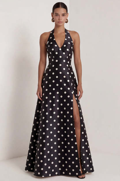 Leely Women Black White Dots A Line Long Wedding Guest Dress with Slit Halter Neck Sleeveless Backless Formal Dress