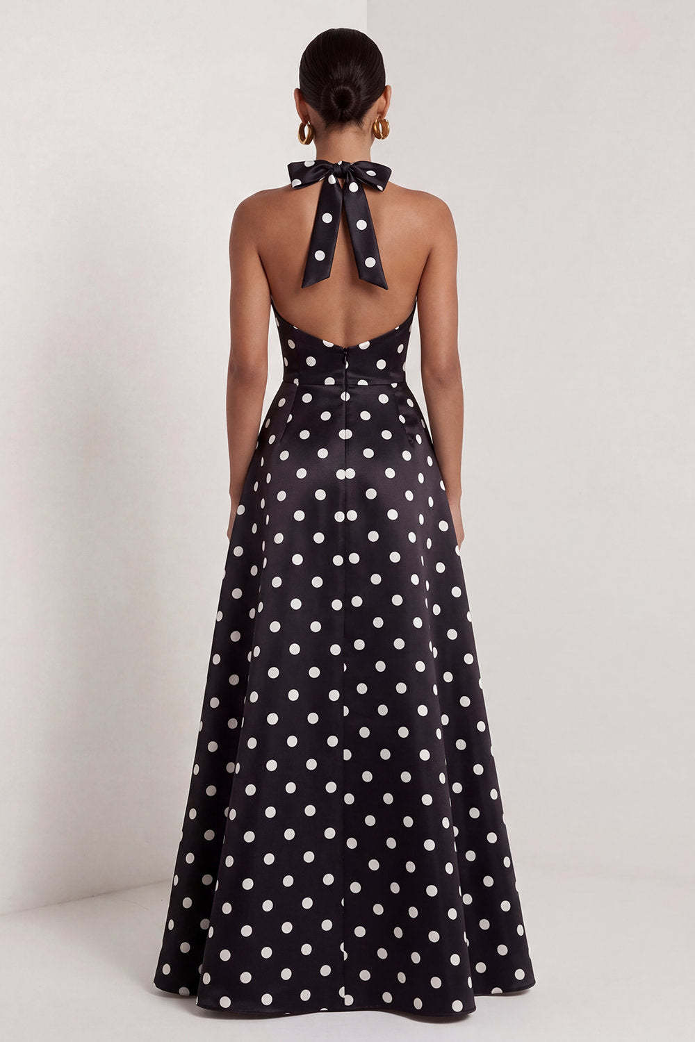 Black White Dots Halter Neck A Line Sleeveless Long Wedding Guest Dress with Slit