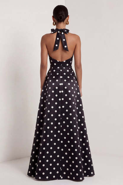 Black White Dots Halter Neck A Line Sleeveless Long Wedding Guest Dress with Slit