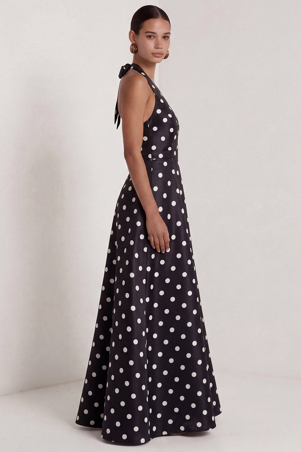 Black White Dots Halter Neck A Line Sleeveless Long Wedding Guest Dress with Slit