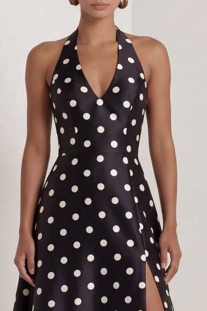 Black White Dots Halter Neck A Line Sleeveless Long Wedding Guest Dress with Slit
