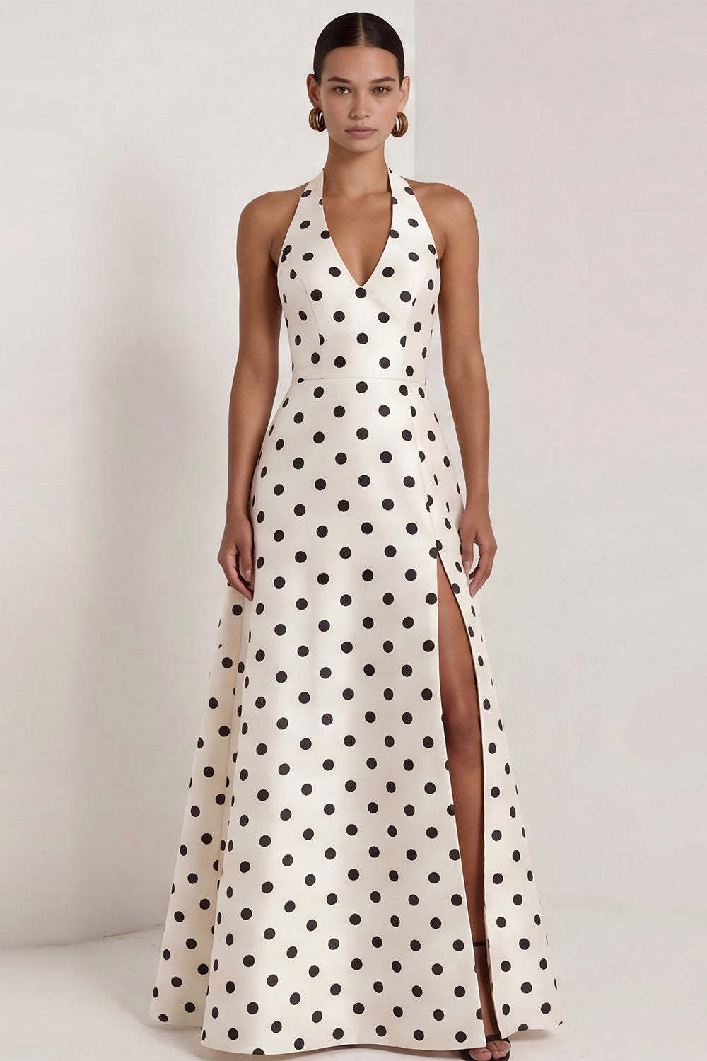 Black White Dots Halter Neck A Line Sleeveless Long Wedding Guest Dress with Slit