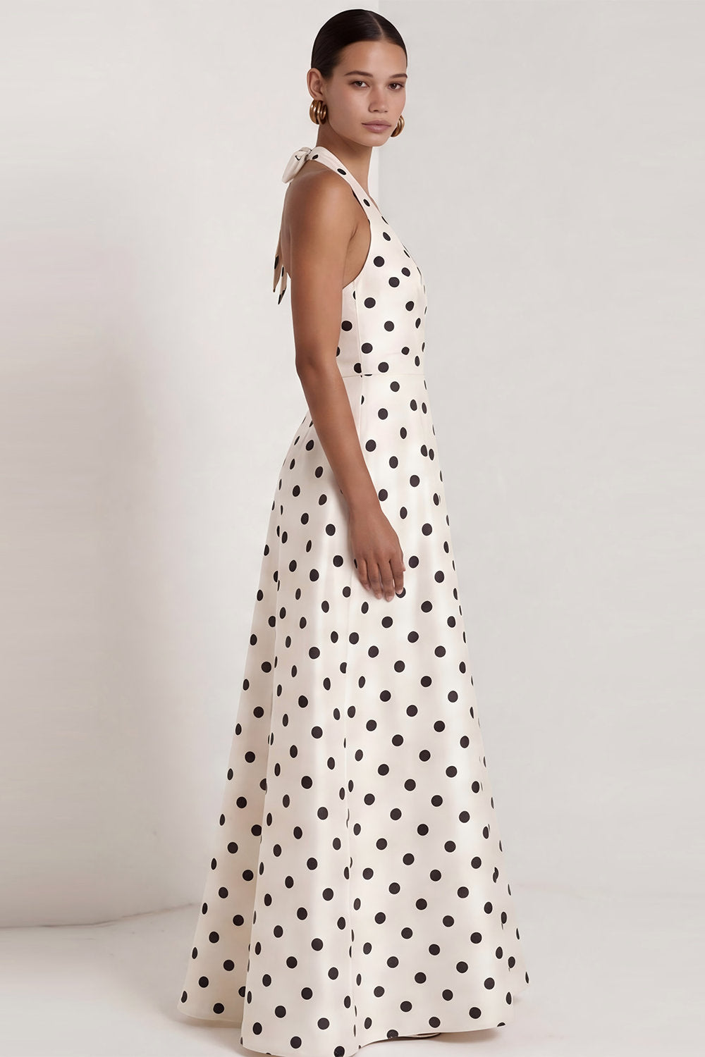 Black White Dots Halter Neck A Line Sleeveless Long Wedding Guest Dress with Slit