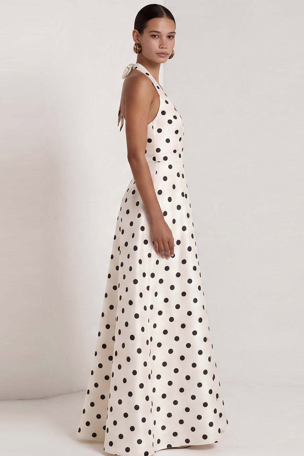 Black White Dots Halter Neck A Line Sleeveless Long Wedding Guest Dress with Slit