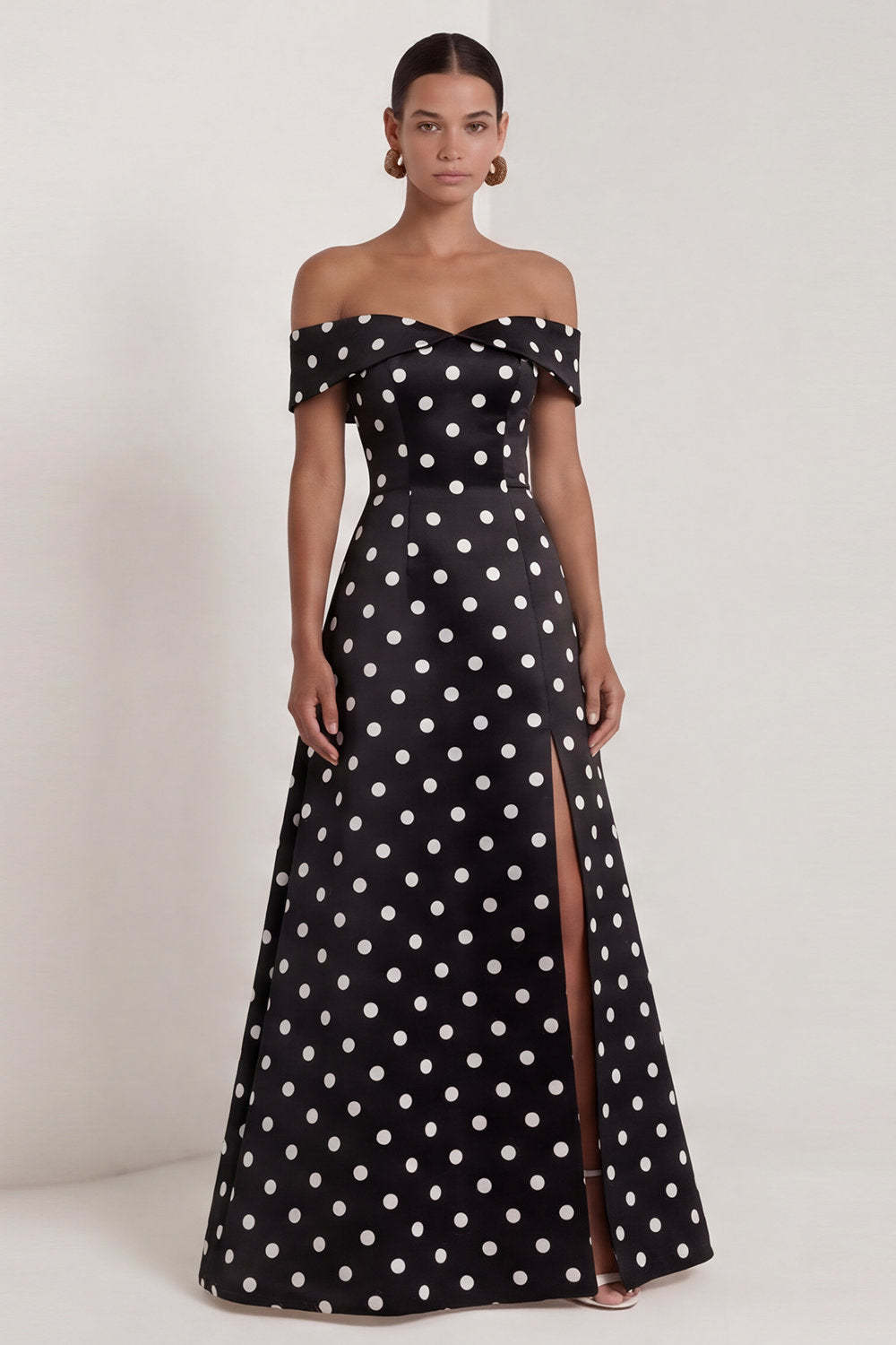 Leely Women Black White Dots A Line Off the Shoulder Long Wedding Guest Dress with Slit Backless Sleeveless Evening Dress